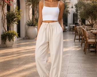 Pure Cotton Harem Pants | Ivory Relaxed Fit Jogger Trousers | Elastic Waist Lounge Wear