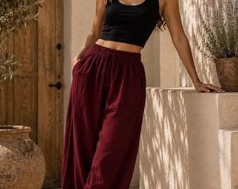 The Ivory Thread Maroon Cotton Harem Pants for Women | Boho Genie Trousers | Yoga Lounge Pants | Elastic Waist Travel Resort Wear