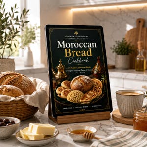 May include: A digital tablet on a wooden stand displaying a Moroccan Bread Cookbook cover with text, featuring images of various breads, a gold teapot, and a tagine. The screen shows the title in white and gold against a dark background.