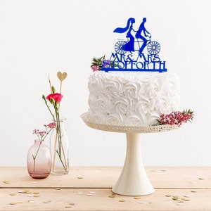 Bride and Groom Tandem Bike Cake Topper Personalised Mr and Mrs Wedding Cake Decoration Custom Surname Engagement Party Decor Cyclist image 1