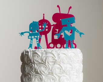 Robots Cake Topper Set - Birthday Cake Decoration - Acrylic Robot Stencil Cake Set - Set of Four Children's Party Cake Toppers