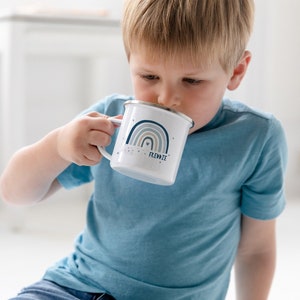 Children's Modern Blues and Greys Rainbow Personalised Enamel Mug - Kids Rainbow Cup