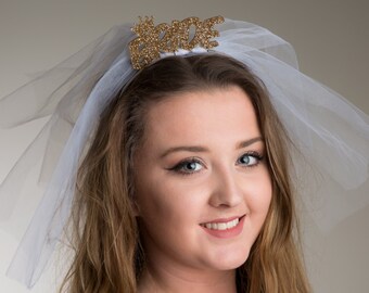 Bride with Mini Crown and Veil Headband - Bachelorette Tiara - Hen Do/Bridal Shower Gift - Hen Party Hair Accessory