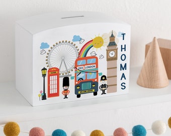 London Bus Themed Painted White Wood Personalised Money Pot | Piggy Bank