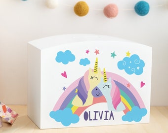 Unicorn Themed White Wood Personalised Money Pot Piggy Bank - Children's Unicorn Savings Money Box
