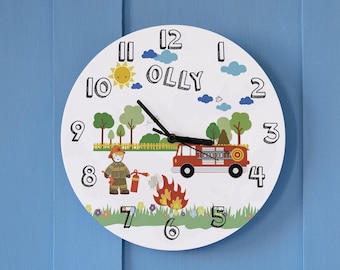 Fire Truck Themed Personalised Bedroom Clock- Kids Illustrated Clock Gift