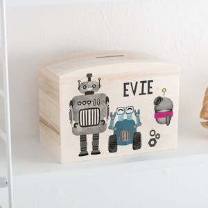 Personlig robotspargris i trä - Sparbössa i trä med robotmotiv - Sparbössa för barn
