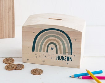 Wooden Personalised Blue Modern Rainbow Money Pot - Blue Rainbow Piggy Bank - Children's Saving Box