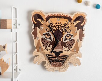 Wooden Leopard Bedroom Wall Clock - Wood Animal Children's Clock - Animal Nursery Wall Art