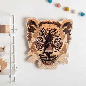 Wooden Leopard Bedroom Wall Clock Wood Animal Children's Clock Animal Nursery Wall Art image 1