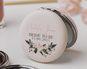 Espejo de bolsillo para futura novia con nombre y mensaje personalizados / Espejo compacto redondo con textura / Regalo para novia / Futura esposa / Guirnalda floral