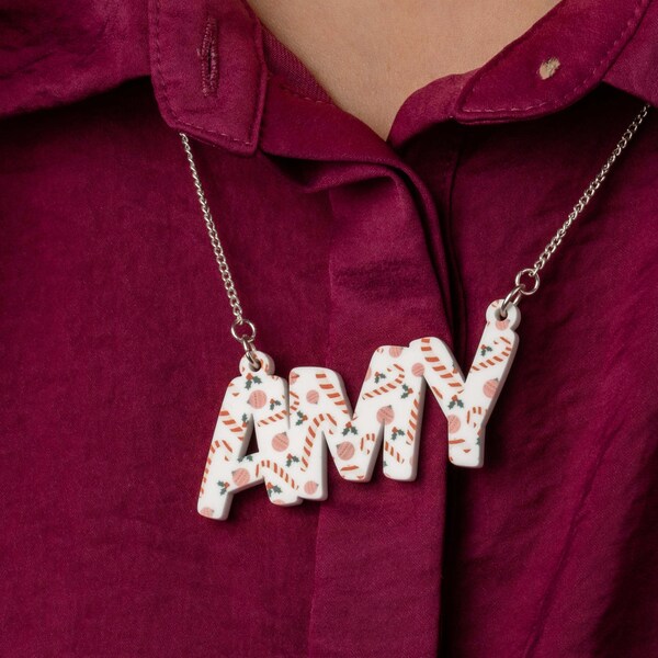 Festive Christmas Candy Cane Name Necklace