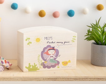 Mermaid Themed Wooden Personalised Money Pot Piggy Bank