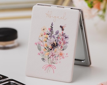 Miroir de poche abeille et fleurs de luxe avec prénom personnalisé | 21e anniversaire | Miroir compact rectangulaire personnalisé