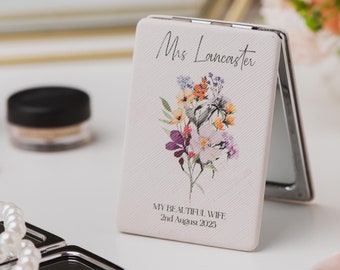 Miroir compact de luxe personnalisé avec de délicates fleurs sauvages aquarelles | Miroir de poche pour femme | Miroir compact rectangulaire | Future mariée