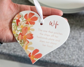 Orange Floral Wife White Acrylic Heart Wall Hanging - Keepsake Hanging Decoration - Gift for Her