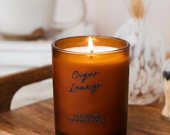 Cigar Lounge Luxury Soy Wax Candle | Tobacco, Leather & Amber | Gift for Him | Smokey Scent