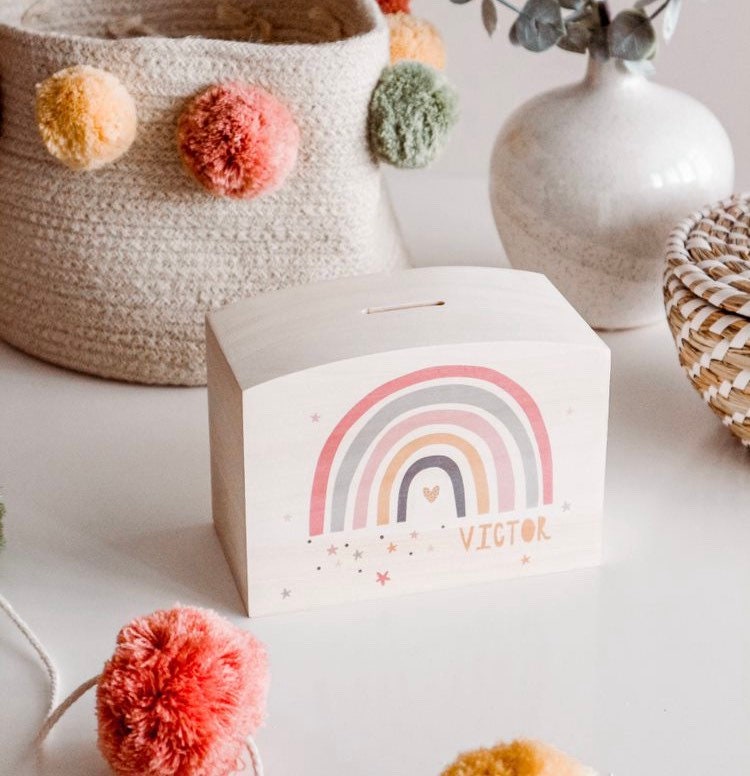 Wooden Personalised Wood Modern Rainbow Money Pot Piggy Bank Money Pot Box | Gifting Knot Uk Made