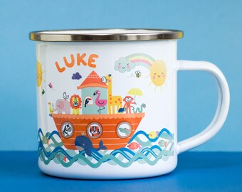 Children&#39;s Noah&#39;s Ark Themed Personalised Enamel Mug - Kids Animal Enamel Cup