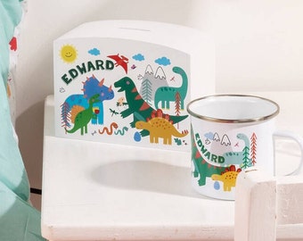 Dinosaur Personalised Money Box in Painted White Wood - Children's Dino Piggy Bank Gift - Kids Savings Pot