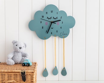 Cloud And Raindrops Children's Personalised Wall Clock