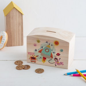 Wooden Space Themed Boys & Girls Money Pot Children's Illustrated Piggy Bank Personalised Wooden Money Box Kid's Money Pot image 6