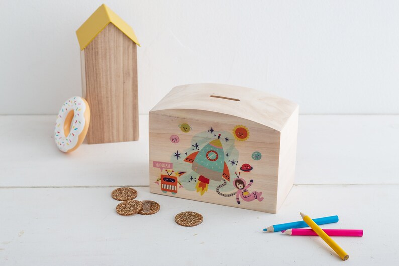 Wooden Space Themed Boys & Girls Money Pot Children's Illustrated Piggy Bank Personalised Wooden Money Box Kid's Money Pot image 6