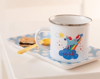 Personalised Children’s Unicorn Enamel Mug – Custom Magical Cup for Kids & Camping Adventures