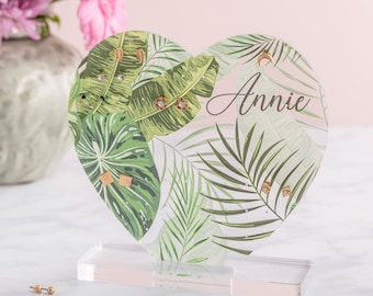 Soporte de almacenamiento de pendientes de corazón personalizado de hoja tropical