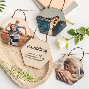 Hexagon Hanging Personalised Photo Tiles Set Of Four - Wooden Photograph Wall Art Gift Set