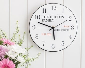 New Home Street Sign Family Wall Clock - Personalised Family New Home Gift - Illustrated Acrylic Wall Clock