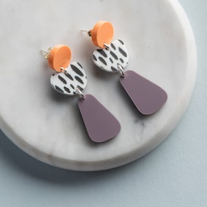 Pebble Shaped Lavender and Dalmatian Print Sterling Silver Handmade Earrings | The Gifting Knot UK Made