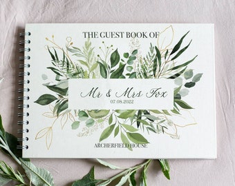 Wedding Guestbook - Greenery Botanic Personalised  Guest Book - Sage Green Theme - Ivory Guest Book