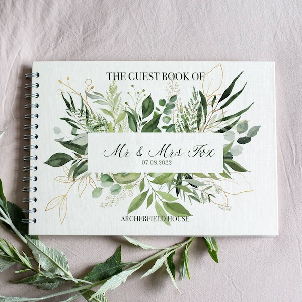 Hochzeitsgästebuch - Greenery Botanisches personalisiertes Gästebuch - Salbeigrünes Thema - Elfenbeinfarbenes Gästebuch