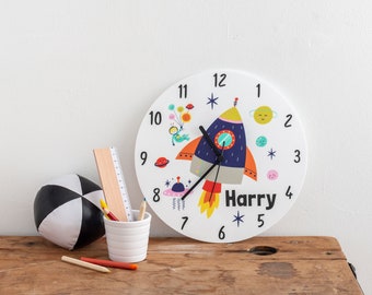 Space Theme Clock - Personalised Child's Clock Gift - Outer Space Illustrated Clock  | The Gifting Knot Made in Britain