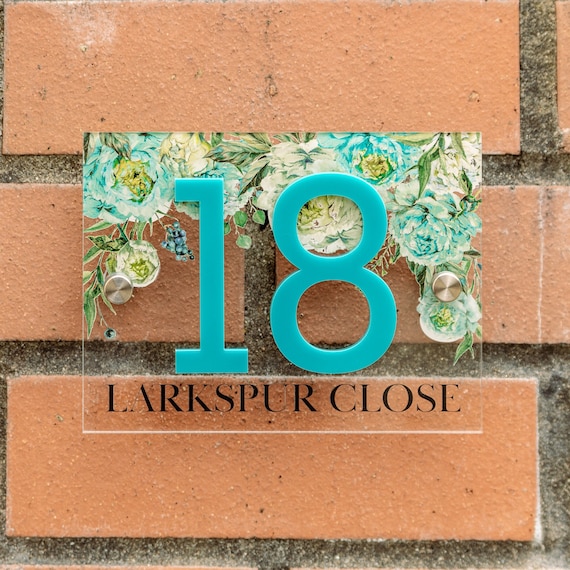Blue Peony Personalised Acrylic House Door Number Sign With Fixings