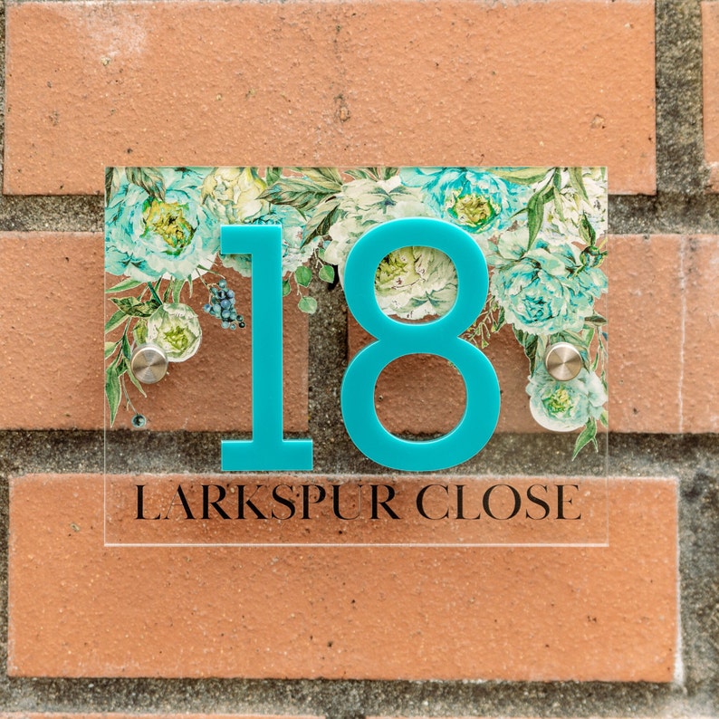 Blue Peony Personalised Acrylic House Door Number Sign With