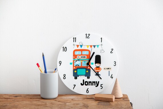 Children S London Bus Theme Clock Personalised Kids Bedroom Clock Gift London Transport Themed Acrylic Clock