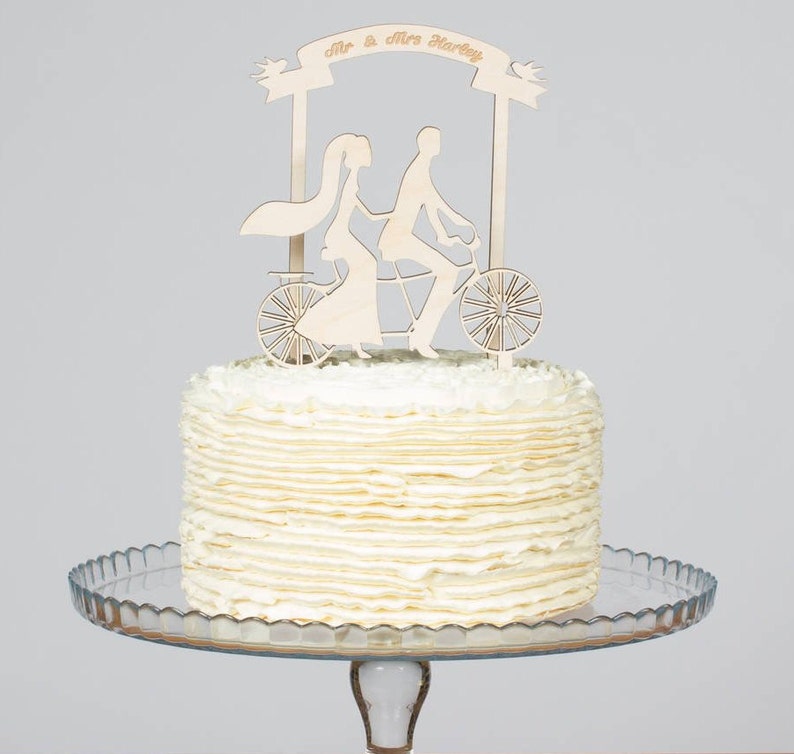 Bride and Groom Tandem Bicycle and Banner Topper - Personalised Wooden ...