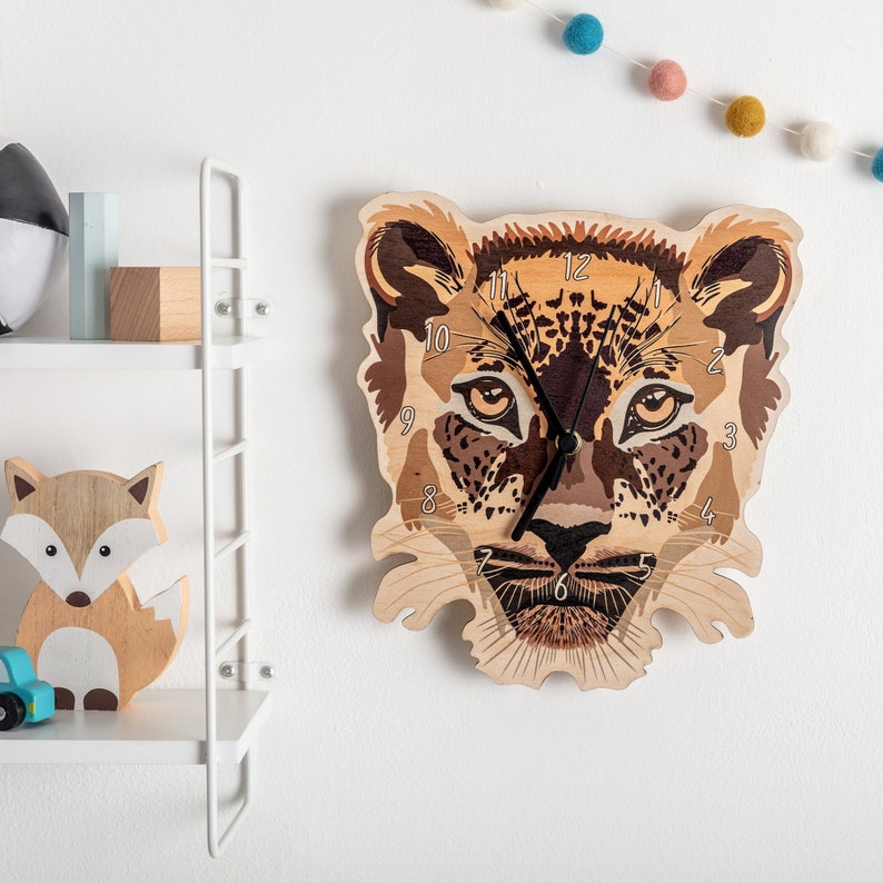 Wooden Leopard Bedroom Wall Clock Wood Animal Children's Clock Animal Nursery Wall Art image 3