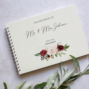 Red Burgundy Flowers Personalised Guest Book - Wedding Guestbook - Ivory Guest Book - Photo Album | Gifting Knot Uk Made