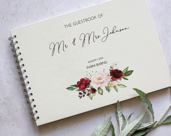 Red Burgundy Flowers Personalised Guest Book - Wedding Guestbook - Ivory Guest Book - Photo Album | Gifting Knot Uk Made