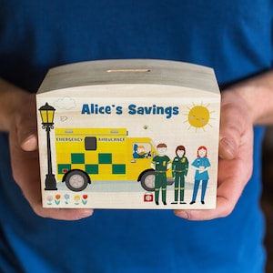 Personalised Ambulance Themed Gift - Money Box Pot - Piggy Bank - Children's Money Box - Kids Gift