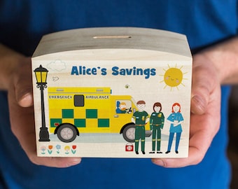 Personalised Ambulance Themed Gift - Money Box Pot - Piggy Bank - Children&#39;s Money Box - Kids Gift