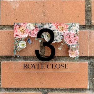 Pink Peony House Door Number Sign Personalised Modern Acrylic With Fixings