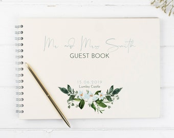 Blue Floral Personalised Wedding Guest Book - Personalised Wedding Book - Ivory Guestbook