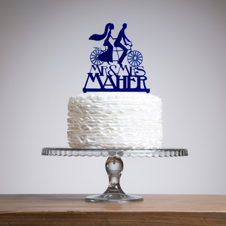 Bride and Groom Tandem Bike Cake Topper Personalised Mr and Mrs Wedding Cake Decoration Custom Surname Engagement Party Decor Cyclist image 2