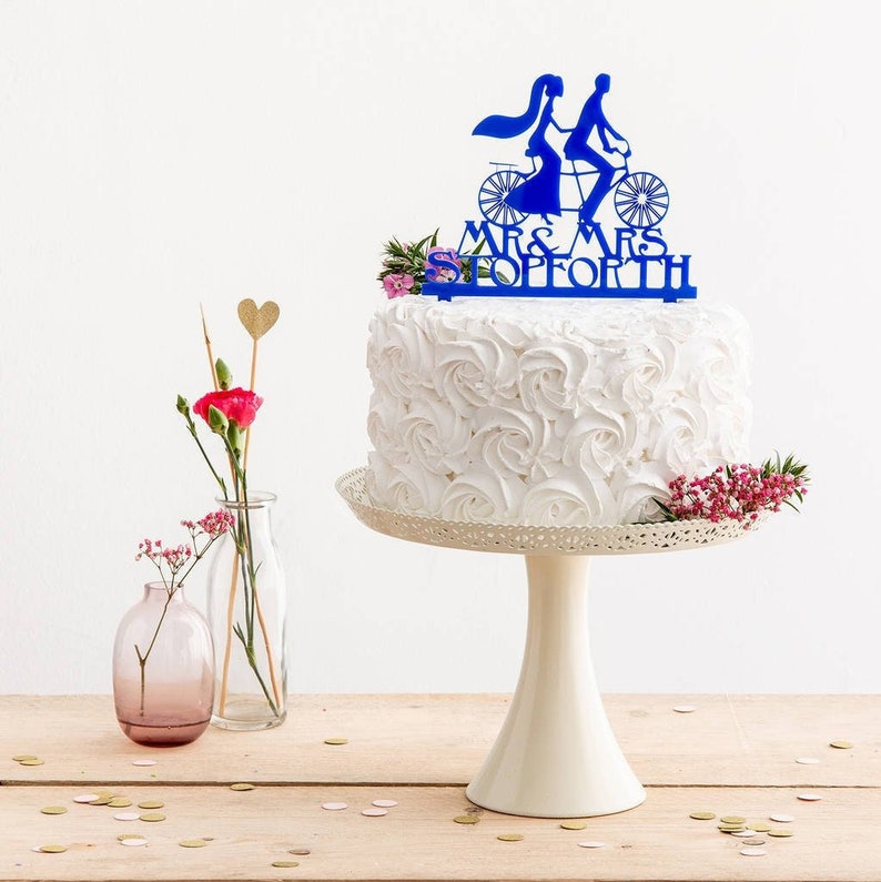 Bride and Groom Tandem Bike Cake Topper Personalised Mr and Mrs Wedding Cake Decoration Custom Surname Engagement Party Decor Cyclist image 1