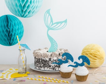 Meerjungfrau Schwanz und Wellen Cake Topper - Geburtstag Mädchen Party Cake Topper Geschenk Set - Unterwasser Tortendeko - Meerjungfrau Themed Party Decor