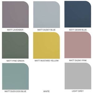 May include: A color chart showing ten different paint colors, including lavender, dusky blue, denim blue, pine green, mustard yellow, dusky pink, duck egg blue, white, and light grey.